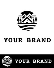 Rustic cabin logo design with pine trees and mountain scenery in a circular layout, ideal for outdoor brands, adventure companies, real estate, camping gear, travel businesses, or nature-themed brandi