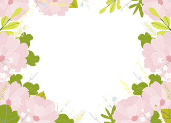 Cute Vector Frame with Spring Flowers on Green Background