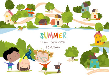 Happy Kids playing in Meadow in countryside village surrounded by a garden and trees. Vector Illustration
