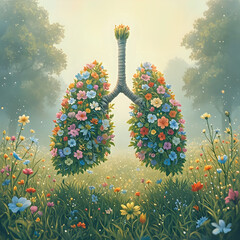 The image portrays a surrealistic depiction of the human respiratory system, intricately designed from flowers, set against a lush, sunlit landscape.