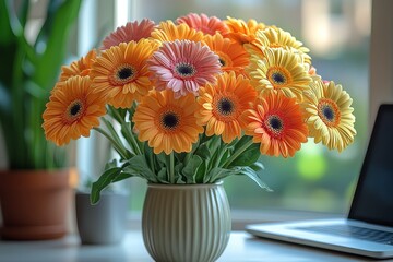 Colorful gerbera daisies in vase on white table next to laptop with natural light and white brick wall background