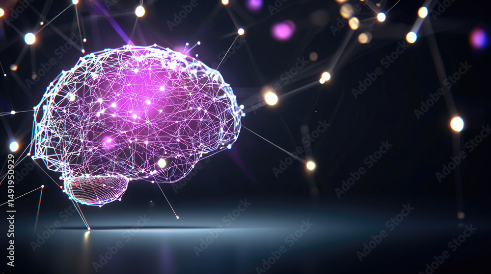 Aufkleber Abstract brain digital network neural connection glowing purple futuristic technology science