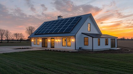 Modern white farmhouse with solar panels on roof glows at dusk, standing amidst green lawn, symbolizing sustainability and clean energy for future living.