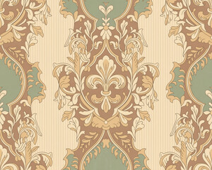 A symmetrical vintage wallpaper pattern with an ornate damask design in muted beige, cream, and sage green colors