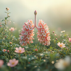 The image shows a close-up view of a flower structure resembling a pair of lungs, set against a blurred natural background with various pink flowers.