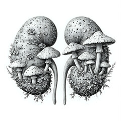 The image features a detailed black and white illustration of two kidney-shaped forms, each adorned with mushrooms, flowers, and foliage.