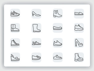 Women's shoes. Concept editable stroke outline icons set isolated on white background flat vector illustration. Pixel perfect