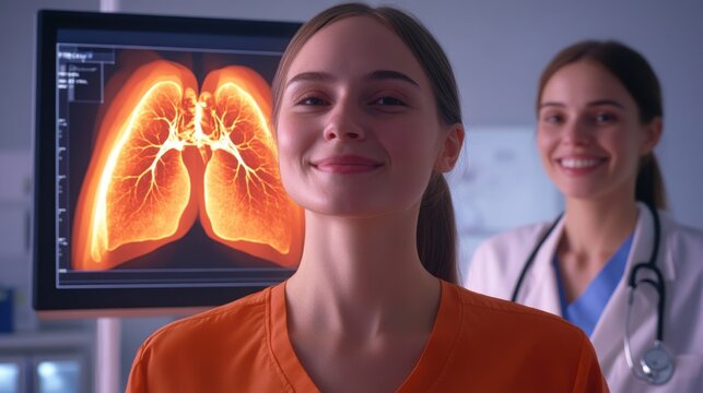 Hopeful patient smiles as doctors review her lung scan radiating trust and positivity well lit