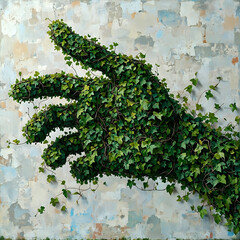 The image depicts a hand with fingers covered in ivy, creating a green, organic appearance.