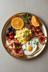 fried eggs with bacon and vegetables