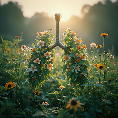 A whimsical and imaginative photograph of a floral arrangement resembling an anatomical lung, set against a backdrop of a sunlit field filled with various flowers and greenery.