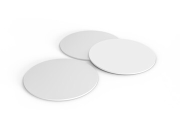 Round drink or beer coaster mockup set, isolated on background. Protection bierdeckel for beer glasses, bottle, can, cup holder. Empty bottle coaster lying template for beverage branding. 3d render
