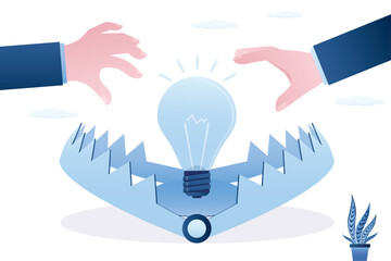 Businessman hands want catch light bulb from animal trap. Business idea trap concept. False idea, bait for losers and gullible people. Deception and fake
