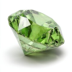 Fototapeta premium Close up studio shot of a faceted green gem on white background with soft shadow showing its clarity and shape for jewelry design