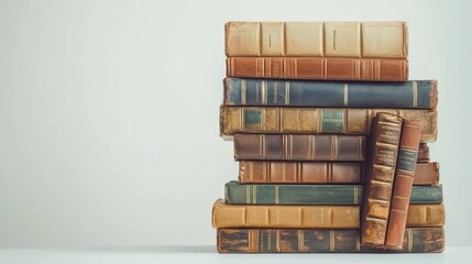Stack of antique books with aged leather covers and gilt-edged pages on a white background.