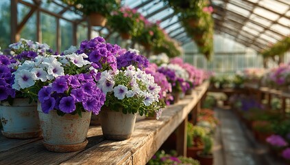 Large greenhouse with vibrant petunias and flowers, commercial plant market ready