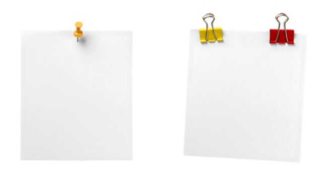 Two blank white papers isolated on a white background one pinned and one clipped