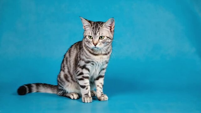 Silver tabby cat sitting against a blue background. 
