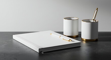Notebook with Pen and Holders on Dark Surface