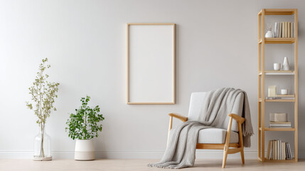 Frame for photo mockup in modern living room with wooden armchair, soft blanket, bookshelf, and green plants creating calm and cozy atmosphere