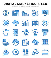 Digital Marketing & SEO Two Color icons collection. 25 icon set in a Two Color design.