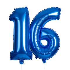 Isolated blue number sixteen balloon perfect for a birthday celebration floating on a white background