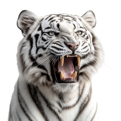 Fototapeta premium White tiger close up roaring isolated on transparent background