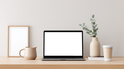 Minimal workspace with laptop, blank frame, coffee cup, jug, books, and plant in vase on wooden desk, calm and modern style