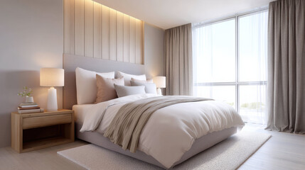 Fototapeta premium Modern guest bedroom with neutral color palette, cozy bedding, soft lighting, large window, and relaxing atmosphere for comfort and tranquility