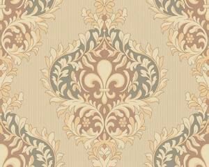 Fototapeta premium A symmetrical vintage wallpaper pattern with an ornate damask design in muted beige, cream, and sage green colors