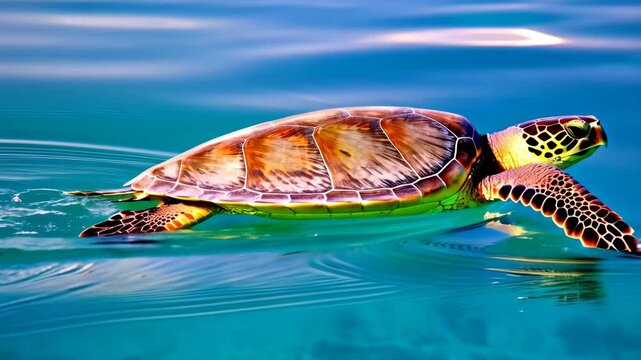 Sea turtle swims through the tropical turquoise water, its patterned shell glinting in the sunlight as it glides near the surface leaving ripples behind.
