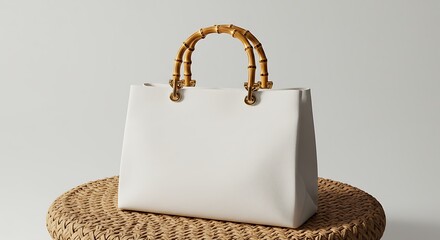White Tote Bag with Bamboo Handle