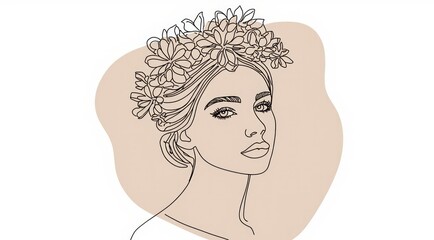 Elegant line art illustration of a woman with flowers.