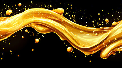 Golden liquid splash with bubbles creating a dynamic and vibrant flow against a black background. perfect for beverage themes. [Plastic Renaissance] | Liquid Icons | melted relic. Illustration
