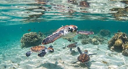 Fototapeta premium Sea turtles swimming over coral reef