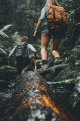 Hikers Trekking Across Fallen Log in Rainy Forest Adventure Low Angle View Backpacks Boots Ferns Nature Outdoor