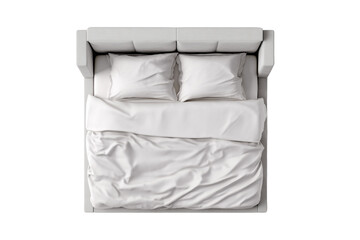 A set of minimalist modern double beds with plush upholstered headboards and soft linens in natural sunlight isolated on a transparent background