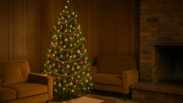 Vintage-Style Christmas Tree in Retro Living Room with Warm Lighting