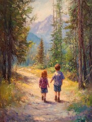 Fototapeta premium Children Hiking in Forest Oil Painting Style Two Kids Walking on Trail Through Woods with Mountain