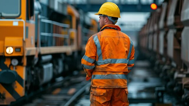 Railway worker monitors train operations at the station during rainy conditions in early morning