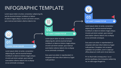 Modern infographic template illustrating a process with three steps, dark background, vector eps10 illustration
