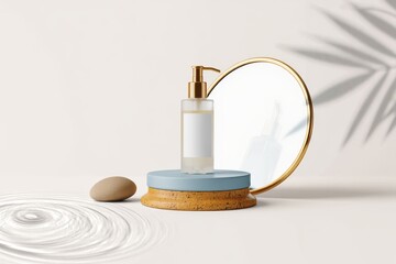Elegant Frosted Glass Bottle on a Layered Cork and Blue Platform