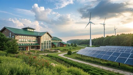 Obraz premium Green technology and innovation Sustainable architecture featuring wind turbines and solar panels under a vibrant sky.