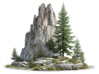 Isolated shot of a rocky mountain outcrop with evergreen trees against a white background, a scenic landscape in a naturalistic style
