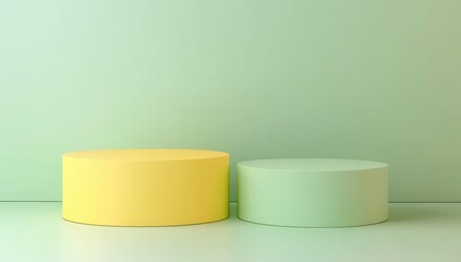 Two pastel-colored cylindrical podiums against a mint green wall