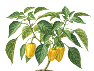 Vibrant yellow pepper plant showcases lush green leaves, creating lively houseplant that brightens any space with its cheerful presence