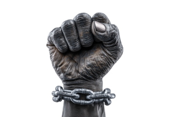 A set of symbolic raised fists breaking iron chains showing strength, freedom, and unity for Juneteenth isolated on a transparent background