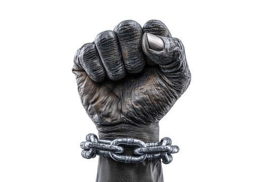 A set of symbolic raised fists breaking iron chains showing strength, freedom, and unity for Juneteenth isolated on a transparent background