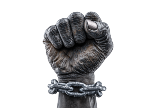 A set of symbolic raised fists breaking iron chains showing strength, freedom, and unity for Juneteenth isolated on a transparent background