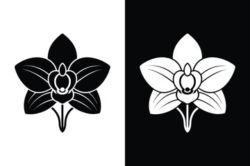 Tropical Orchid Flower Icon. Black and White Vector Silhouette Design